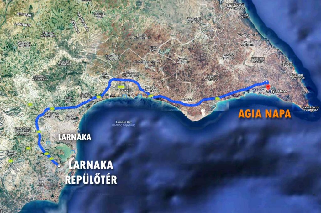 Larnaka Agia Napa távolság és eljutás